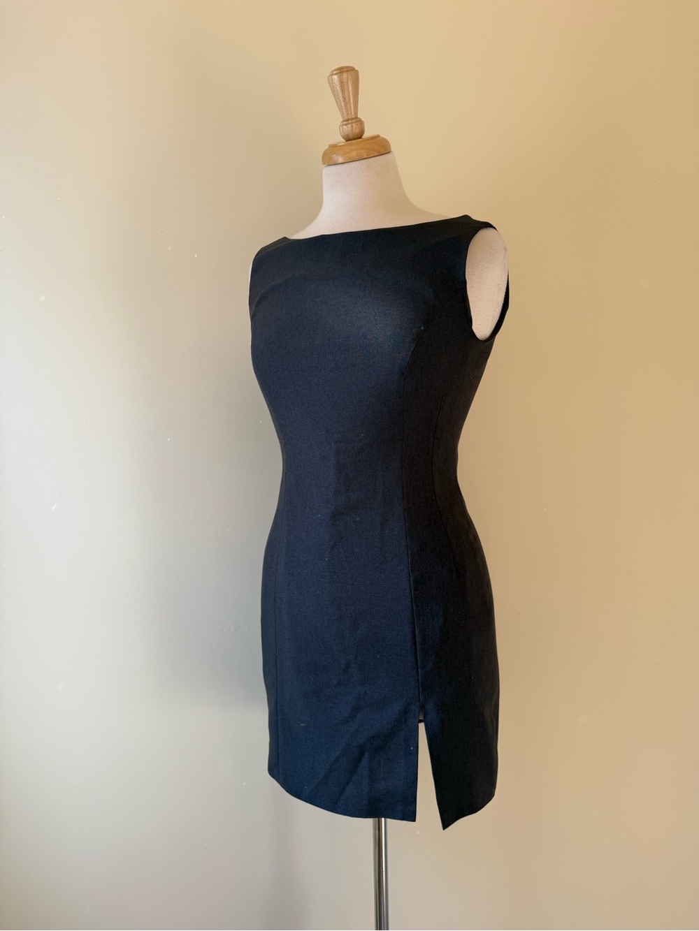 Vintage 90s Charcoal Grey Boat Neck Mini Dress Side Slit